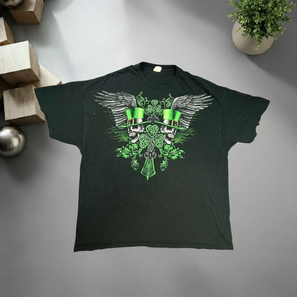 Vintage Y2K Skulls Leprechaun St Patricks Day Graphic T-Shirt Black 2XL Skater